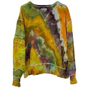 Champion Geode Tie Dye Sweatshirt Pullover Mens Size XL Unisex Crewneck Gold Tan